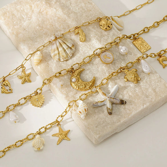 Wholesale Women's Light Luxury Animal Zodiac 18K Real Gold Plated Stainless Steel Necklace With Shell Starfish Pendant
