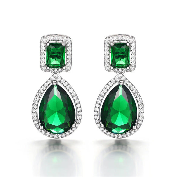 Wholesale Women's Light Luxury Copper Drop Shape Emerald Microinlaid Pearshaped Zircon Long Earrings
