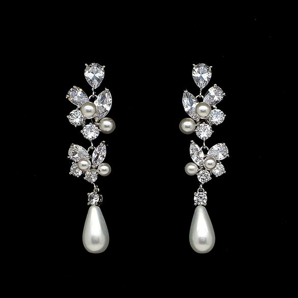 Wholesale Women's Light Luxury Copper Earrings With Imitation Pearl Flower And Leaf Drop Shape And Zircon Design