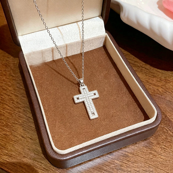 Wholesale Women's Light Luxury Cross Titanium Steel Necklace With Zirconia Oshaped Chain And Copper Inlaid Zircon Pendant