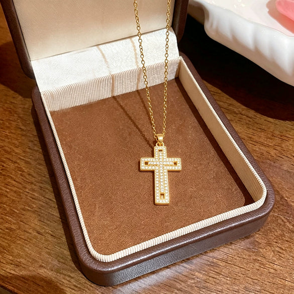 Wholesale Women's Light Luxury Cross Titanium Steel Necklace With Zirconia Oshaped Chain And Copper Inlaid Zircon Pendant
