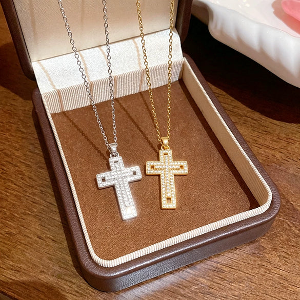 Wholesale Women's Light Luxury Cross Titanium Steel Necklace With Zirconia Oshaped Chain And Copper Inlaid Zircon Pendant