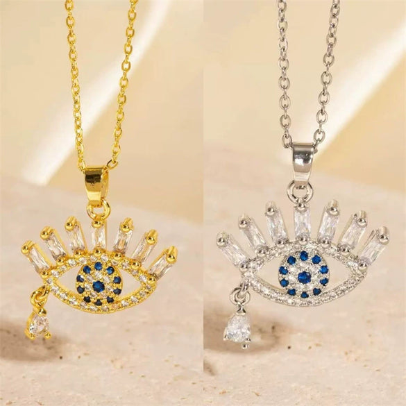 Wholesale Women's Light Luxury Devil's Eye Necklace With Colorful Zircon Eye Pendant Titanium Steel Flash O Chain Copper Real Gold Plated