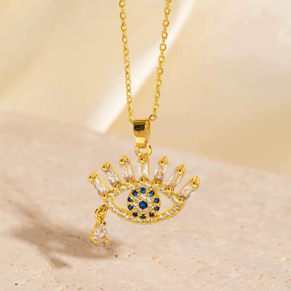 Wholesale Women's Light Luxury Devil's Eye Necklace With Colorful Zircon Eye Pendant Titanium Steel Flash O Chain Copper Real Gold Plated