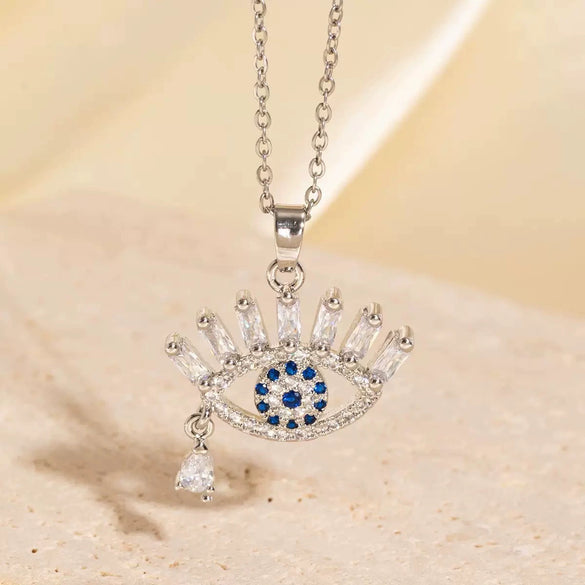 Wholesale Women's Light Luxury Devil's Eye Necklace With Colorful Zircon Eye Pendant Titanium Steel Flash O Chain Copper Real Gold Plated