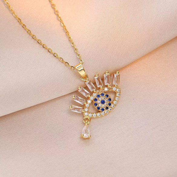 Wholesale Women's Light Luxury Devil's Eye Necklace With Colorful Zircon Eye Pendant Titanium Steel Flash O Chain Copper Real Gold Plated