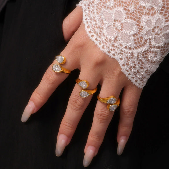 Wholesale Women's Light Luxury Double Water Drop Opening Ring Jewelry 3A Zircon Titanium Steel Pvd Plating 18K Real Gold Color