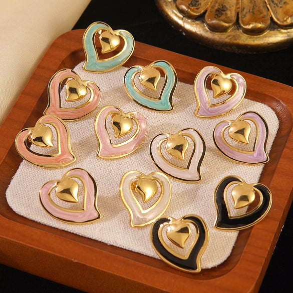Wholesale Women's Light Luxury Dripping Oil Heartshaped Stainless Steel Earrings