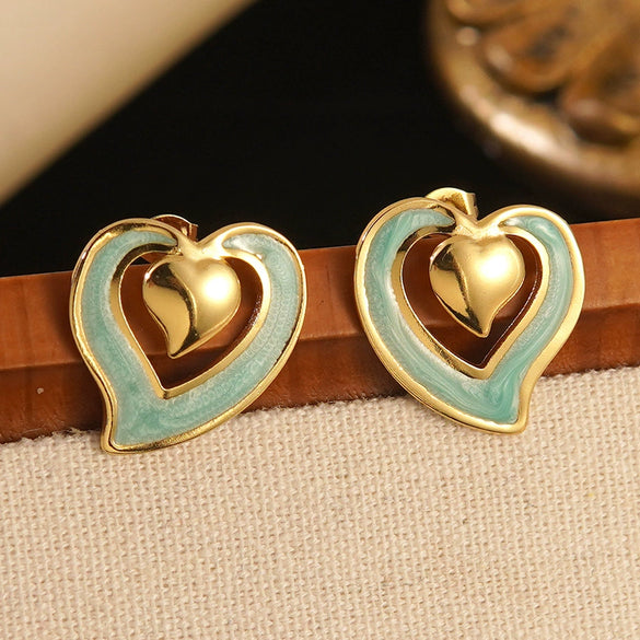 Wholesale Women's Light Luxury Dripping Oil Heartshaped Stainless Steel Earrings