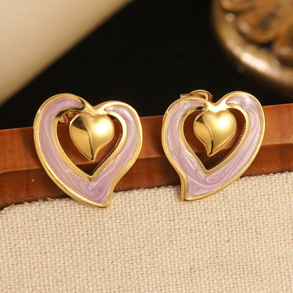 Wholesale Women's Light Luxury Dripping Oil Heartshaped Stainless Steel Earrings