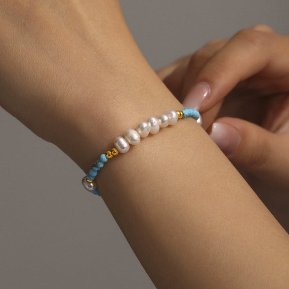 Wholesale Women's Light Luxury Electroplated Pine Stone And Freshwater Pearl Ferris Wheel Clavicle Bracelet And Jewelry Set