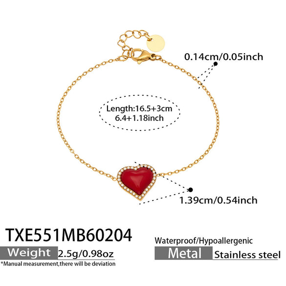 Wholesale Women's Light Luxury Electroplated Stainless Steel Red Heart Zircon Pendant Necklace And Bracelet Set