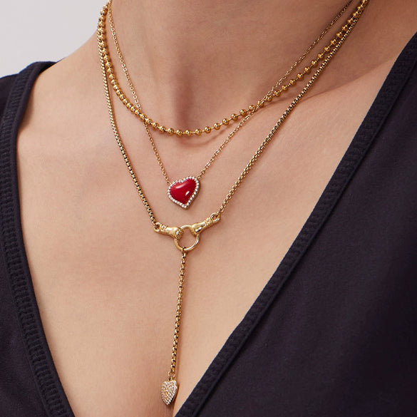 Wholesale Women's Light Luxury Electroplated Stainless Steel Red Heart Zircon Pendant Necklace And Bracelet Set