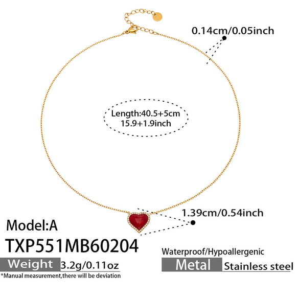 Wholesale Women's Light Luxury Electroplated Stainless Steel Red Heart Zircon Pendant Necklace And Bracelet Set