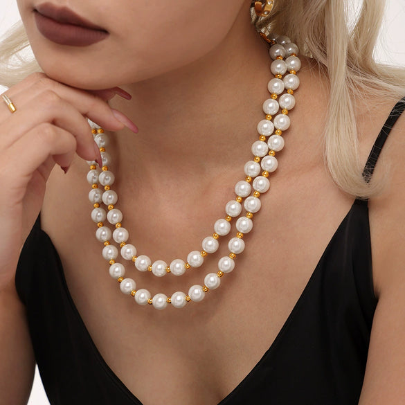 Wholesale Women's Light Luxury Elegant Imitation Pearl Collarbone Necklace With 12Mm Large Beads Geometric Pattern Stainless Steel Electroplated