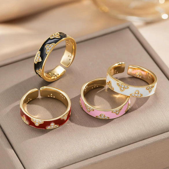 Wholesale Women's Light Luxury Enamel Open Index Finger Ring Gold Plated Copper With Flower Pattern