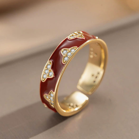 Wholesale Women's Light Luxury Enamel Open Index Finger Ring Gold Plated Copper With Flower Pattern
