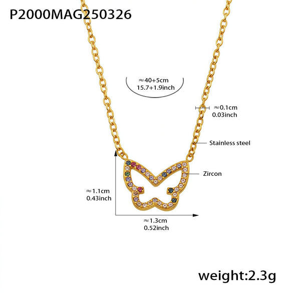 Wholesale Women's Light Luxury Exquisite Stainless Steel Necklace With Colorful Zircon Butterfly Pendant Geometric Pattern Electroplating
