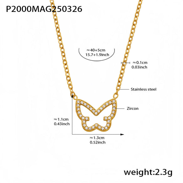 Wholesale Women's Light Luxury Exquisite Stainless Steel Necklace With Colorful Zircon Butterfly Pendant Geometric Pattern Electroplating