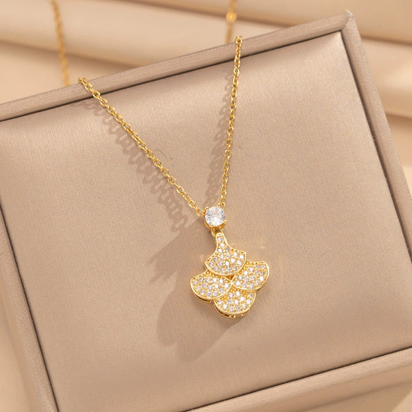 Wholesale Women's Light Luxury Fanshaped Copper And Zircon Clavicle Necklace With 18K Gold Plated Copper Pendant And Titanium Steel Cross Chain