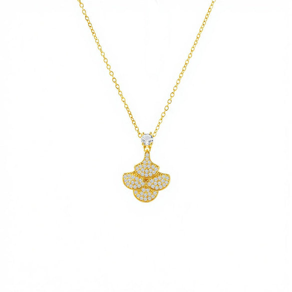 Wholesale Women's Light Luxury Fanshaped Copper And Zircon Clavicle Necklace With 18K Gold Plated Copper Pendant And Titanium Steel Cross Chain