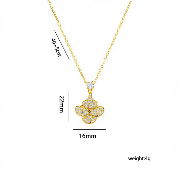 Wholesale Women's Light Luxury Fanshaped Copper And Zircon Clavicle Necklace With 18K Gold Plated Copper Pendant And Titanium Steel Cross Chain