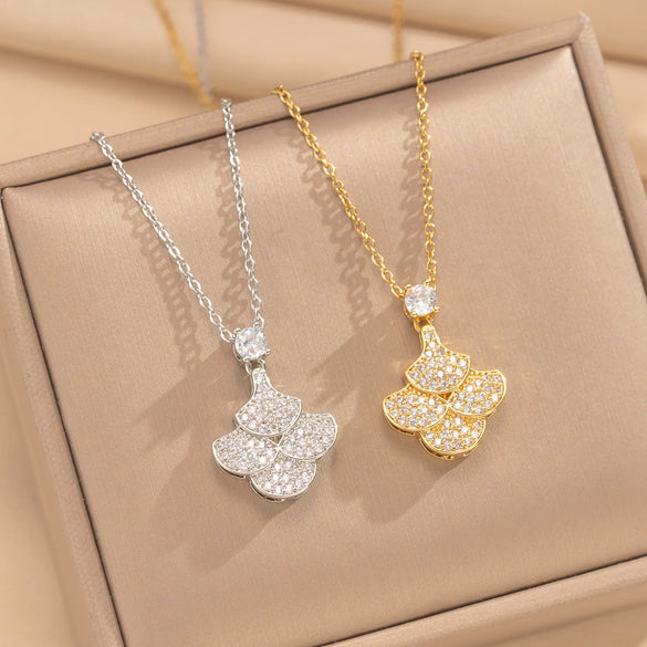 Wholesale Women's Light Luxury Fanshaped Copper And Zircon Clavicle Necklace With 18K Gold Plated Copper Pendant And Titanium Steel Cross Chain