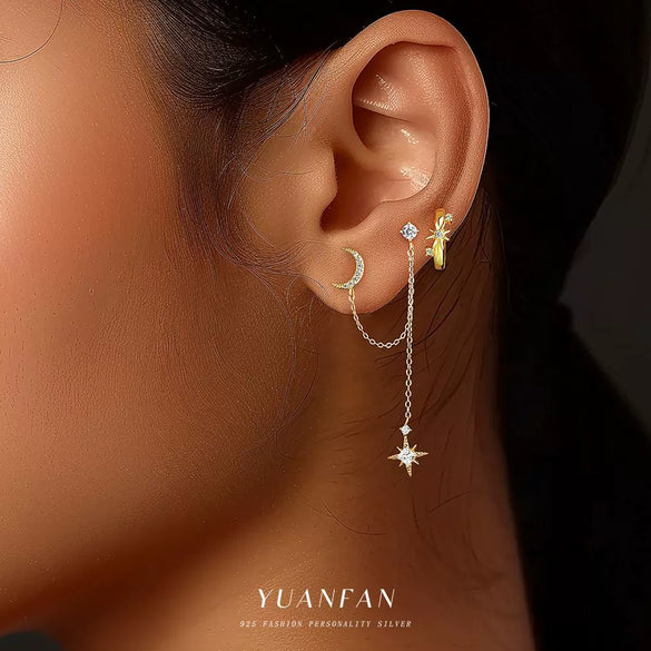 Wholesale Women's Light Luxury Fashion S925 Sterling Silver Star Moon Tassel Zirconia Earrings