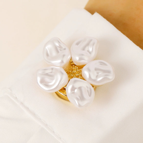 Wholesale Women's Light Luxury Floral Copper Shirt Cufflinks And Collar Buttons Set With Pearls