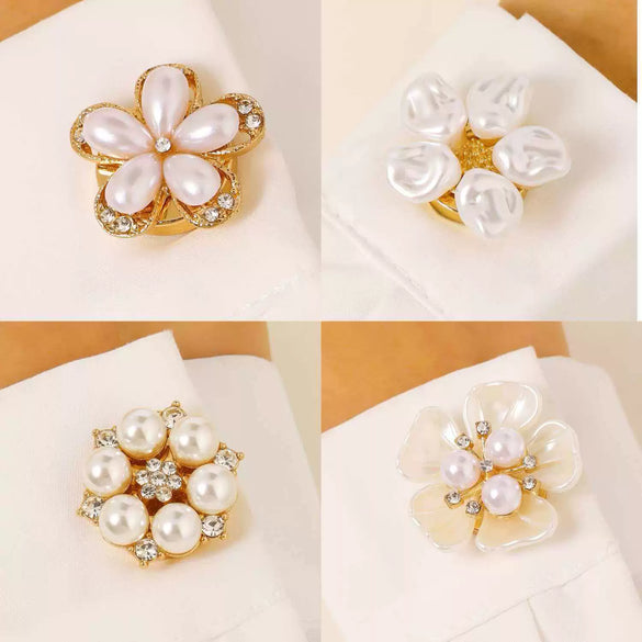 Wholesale Women's Light Luxury Floral Copper Shirt Cufflinks And Collar Buttons Set With Pearls