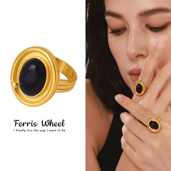 Wholesale Women's Light Luxury Geometric Black Agate Ring Stainless Steel 18K Gold Plated