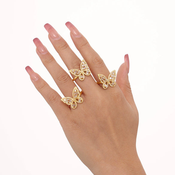 Wholesale Women's Light Luxury Geometric Butterfly Fairy Zircon Copper 18K Gold Plated Open Ring