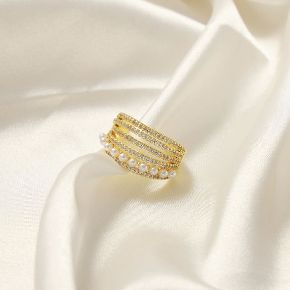 Wholesale Women's Light Luxury Geometric Copper Open Ring Jewelry With Imitation Pearl And Zircon Inlay