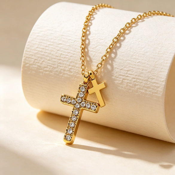 Wholesale Women's Light Luxury Geometric Cross Stainless Steel Titanium Steel Real Gold Plated Pendant Necklace