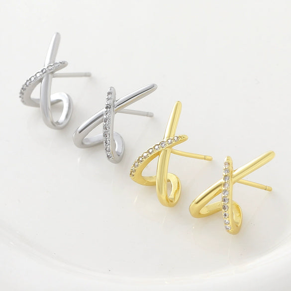 Wholesale Women's Light Luxury Geometric Cross Xshaped Copper Goldplated Zircon Earrings Accessories