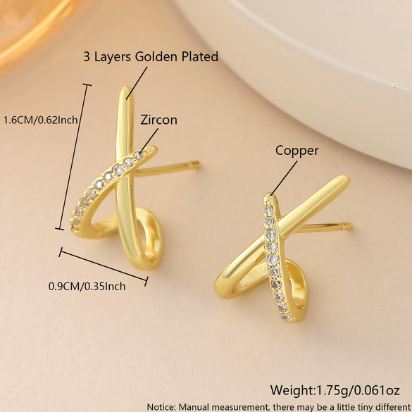 Wholesale Women's Light Luxury Geometric Cross Xshaped Copper Goldplated Zircon Earrings Accessories