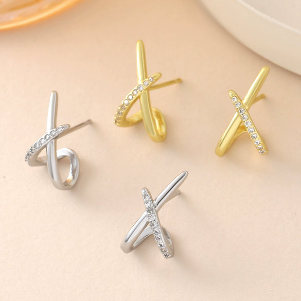 Wholesale Women's Light Luxury Geometric Cross Xshaped Copper Goldplated Zircon Earrings Accessories