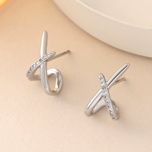 Wholesale Women's Light Luxury Geometric Cross Xshaped Copper Goldplated Zircon Earrings Accessories