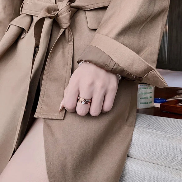 Wholesale Women's Light Luxury Geometric Doublelayer Gem Titanium Steel Electroplated Round Ring