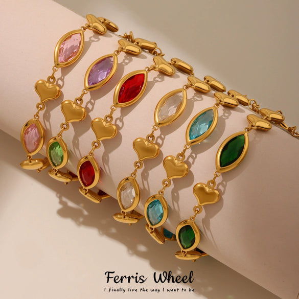 Wholesale Women's Light Luxury Geometric Faceted Glass Stone Hollow Heart Stitching Stainless Steel Goldplated Bracelet