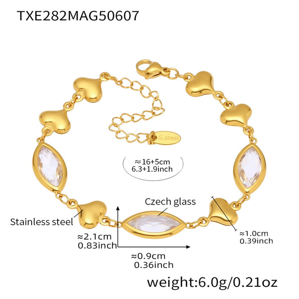 Wholesale Women's Light Luxury Geometric Faceted Glass Stone Hollow Heart Stitching Stainless Steel Goldplated Bracelet