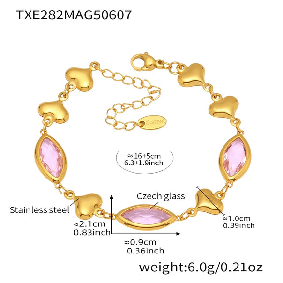 Wholesale Women's Light Luxury Geometric Faceted Glass Stone Hollow Heart Stitching Stainless Steel Goldplated Bracelet