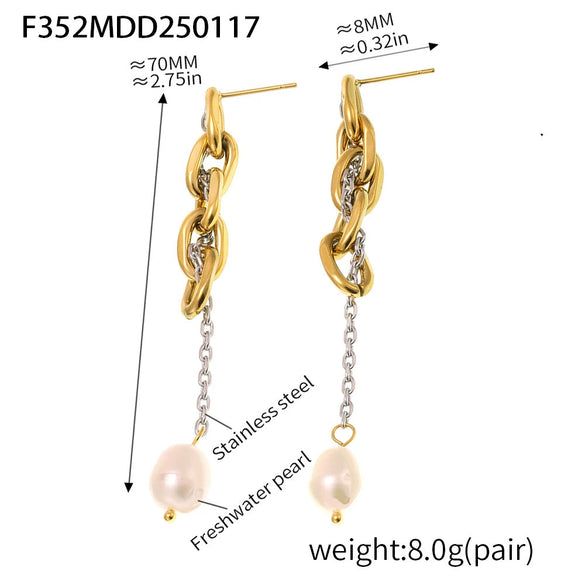 Wholesale Women's Light Luxury Geometric Ferris Wheel Chain Tassel Fresh Water Pearl Earrings Stainless Steel 18K Gold Plated Jewelry