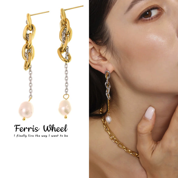 Wholesale Women's Light Luxury Geometric Ferris Wheel Chain Tassel Fresh Water Pearl Earrings Stainless Steel 18K Gold Plated Jewelry