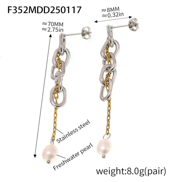 Wholesale Women's Light Luxury Geometric Ferris Wheel Chain Tassel Fresh Water Pearl Earrings Stainless Steel 18K Gold Plated Jewelry