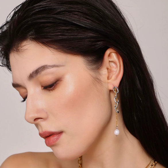 Wholesale Women's Light Luxury Geometric Ferris Wheel Chain Tassel Fresh Water Pearl Earrings Stainless Steel 18K Gold Plated Jewelry