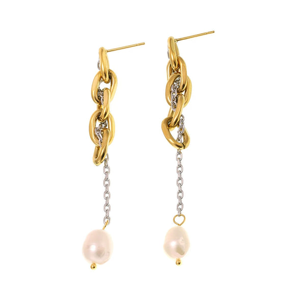 Wholesale Women's Light Luxury Geometric Ferris Wheel Chain Tassel Fresh Water Pearl Earrings Stainless Steel 18K Gold Plated Jewelry