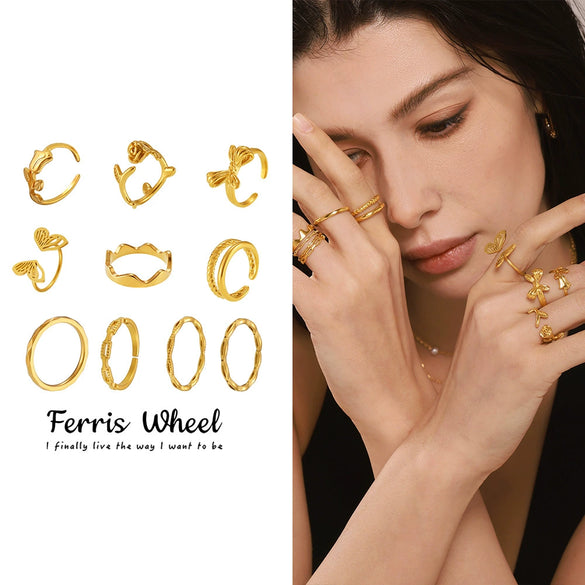 Wholesale Women's Light Luxury Geometric Ferris Wheel Irregular Split Ring Combination Stainless Steel Titanium Steel Pvd Plated 18K Gold Color Preservation Ring