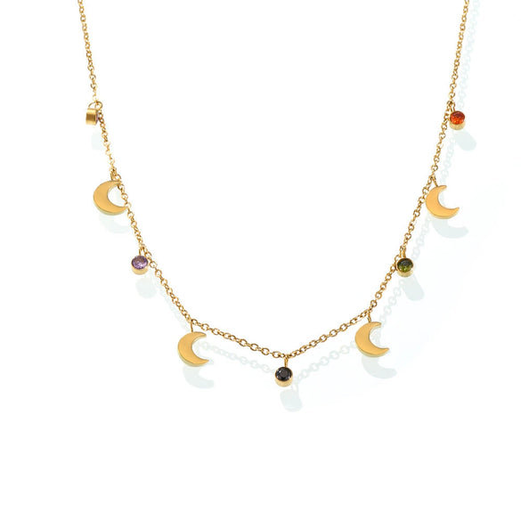Wholesale Women's Light Luxury Geometric Ferris Wheel Moon Clavicle Necklace With Multicolor Rhinestone Tassel Stainless Steel 18K Gold Plated Zircon Pendant