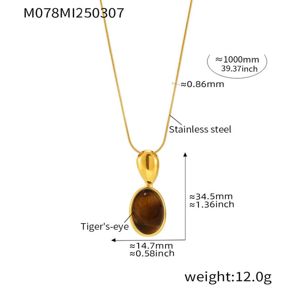 Wholesale Women's Light Luxury Geometric Ferris Wheel Oval Long Necklace In Stainless Steel And Tiger Eye Stone With Pvd Electroplating 18K Real Gold